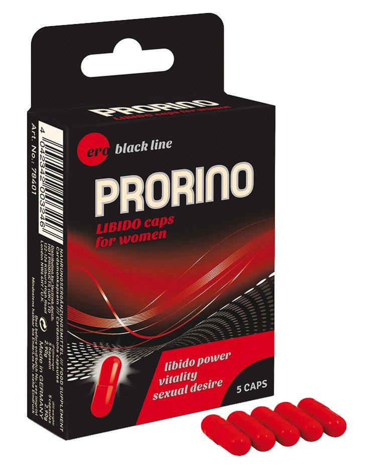 Prorino Libido Caps for women verpakking en 5 rode capsules.