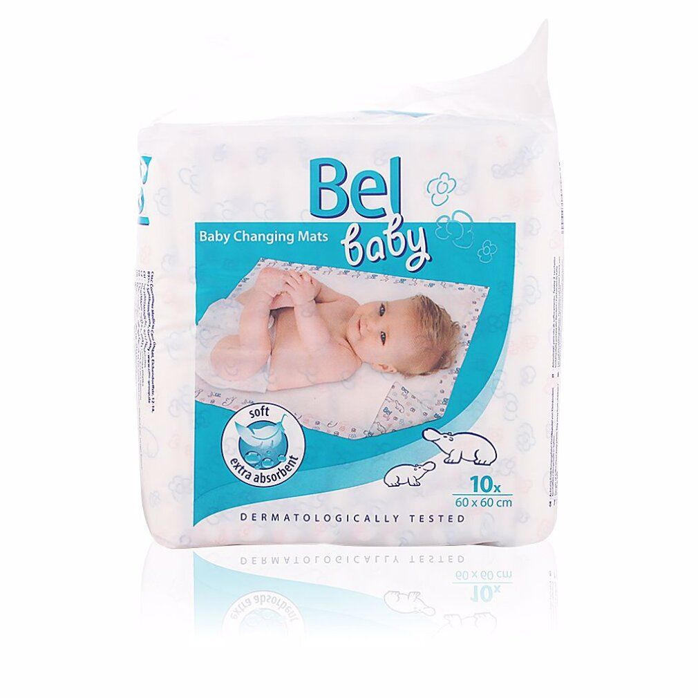 Verpakking Bel Baby aankleedkussens. Tien stuks, 60x60cm. Zacht en extra absorberend. Dermatologisch getest. Baby op de verpakking.