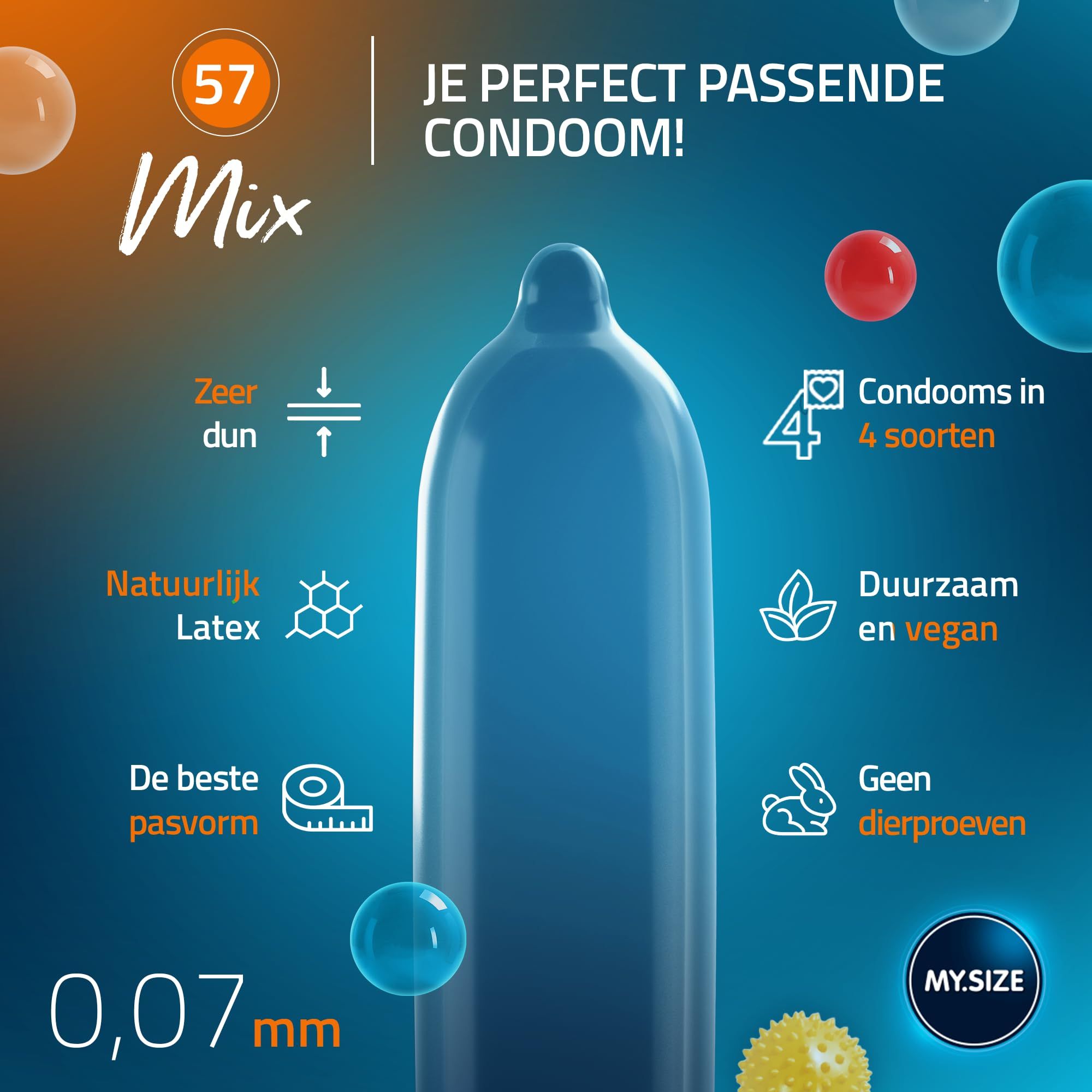 MY.SIZE Mix condooms: 4 soorten (Classic, Colour, Flavour, Ribbed). Toont individuele verpakkingen en beschrijvingen.