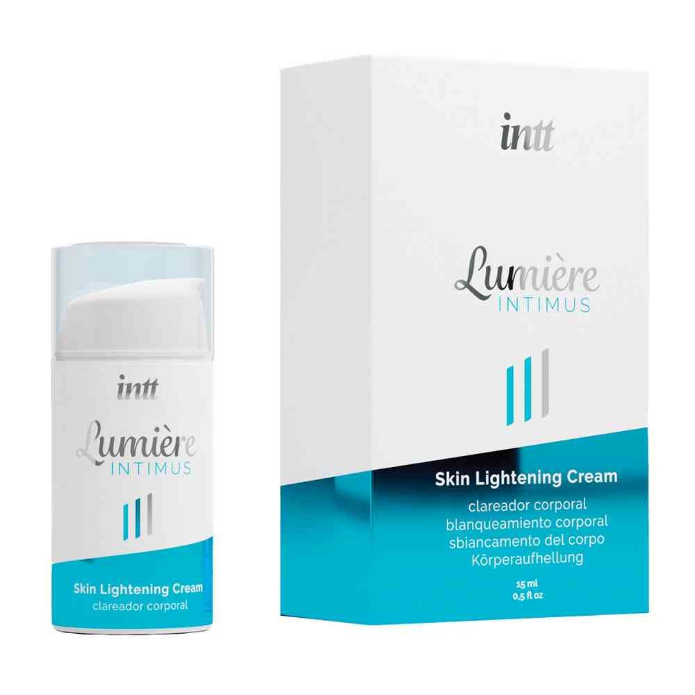 Product en verpakking met "intt Lumière Intimus Skin Lightening Cream". Wit-blauwe kleurencombinatie. Turquoise accenten.