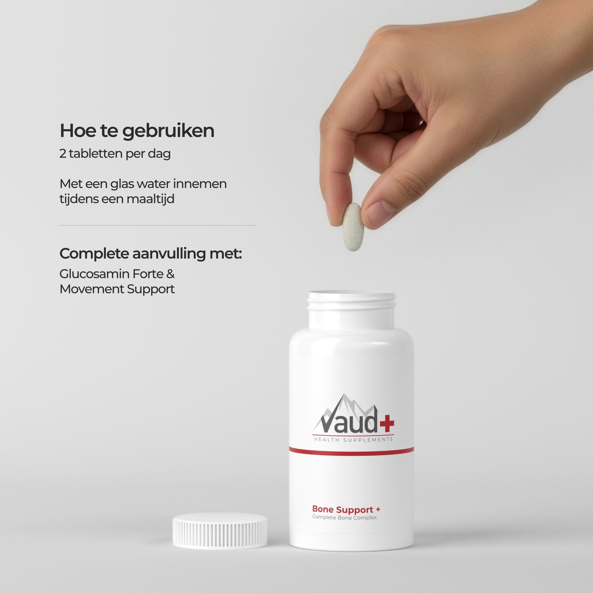 Hand legt tablet in witte fles. Opschrift: Vaud+, Bone Support+. Tekst: 2 tabletten per dag.