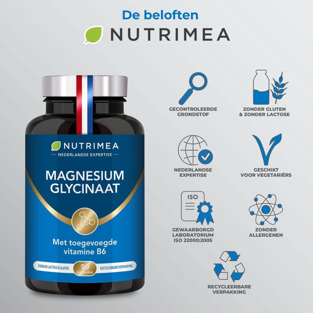 Infographic. Magnesiumglycinaat. Glutenvrij, lactosevrij, vegetarisch. Recyclebare verpakking.