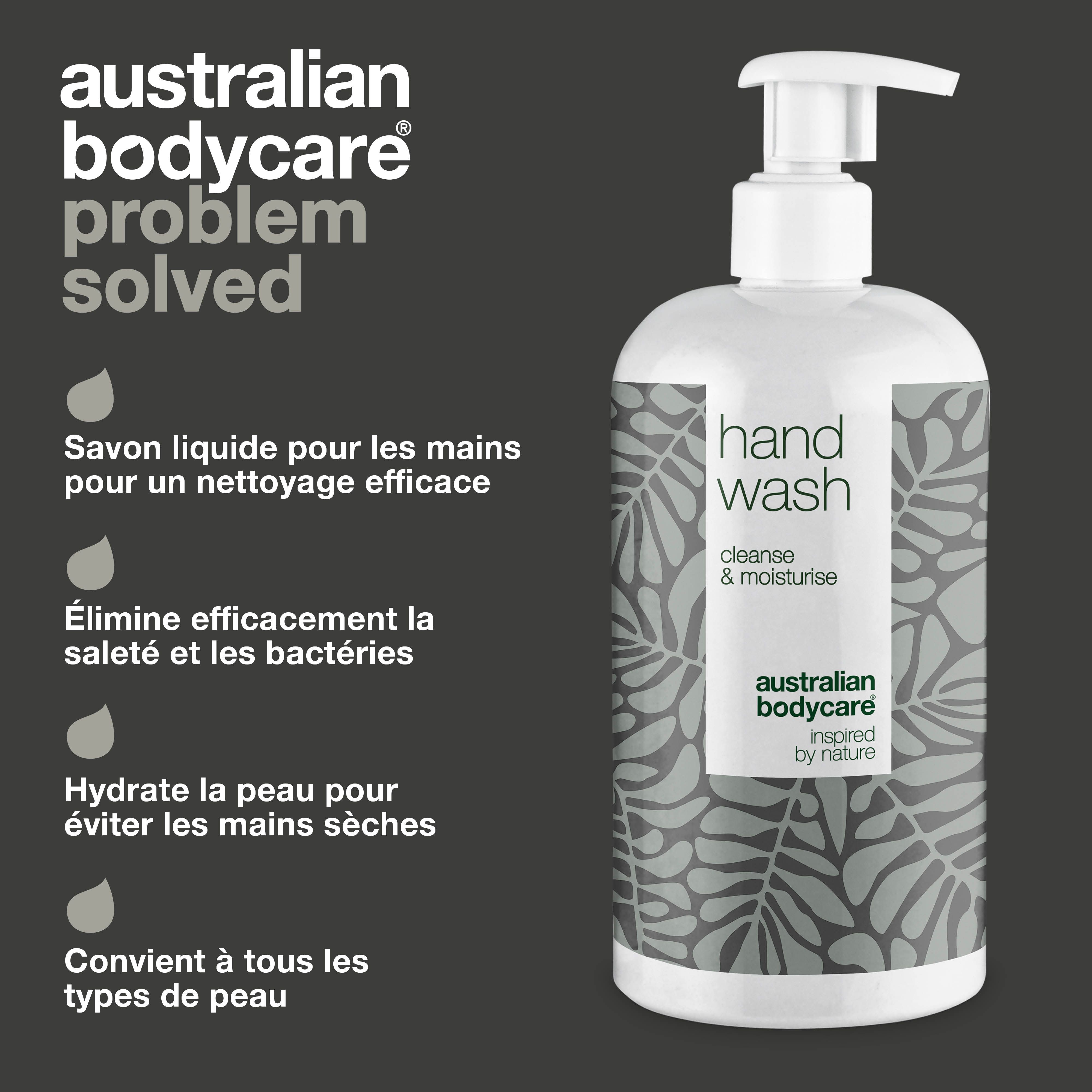 Flacon de savon pour les mains. Inscription : Hand Wash, cleanse & moisturise. Logo : Australian Bodycare. Texte : Savon pour les mains pour un nettoyage efficace.