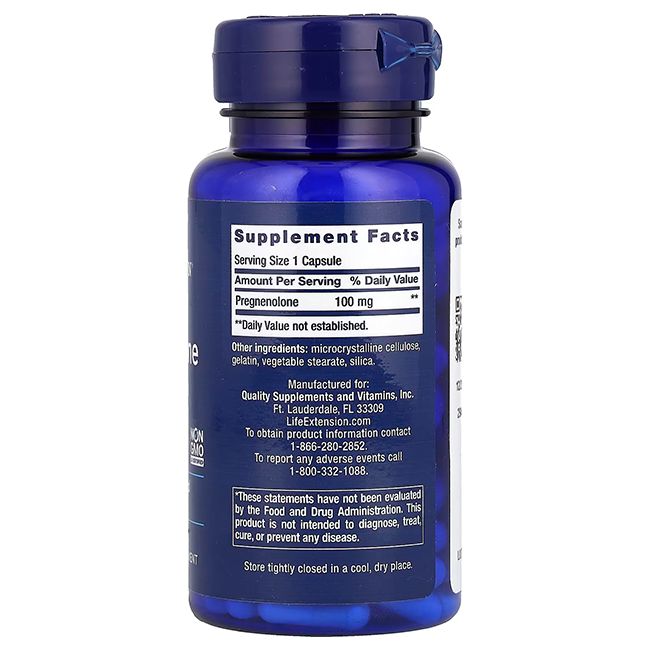 Contenant bleu avec capsules de Pregnenolone, informations nutritionnelles et fabricant.