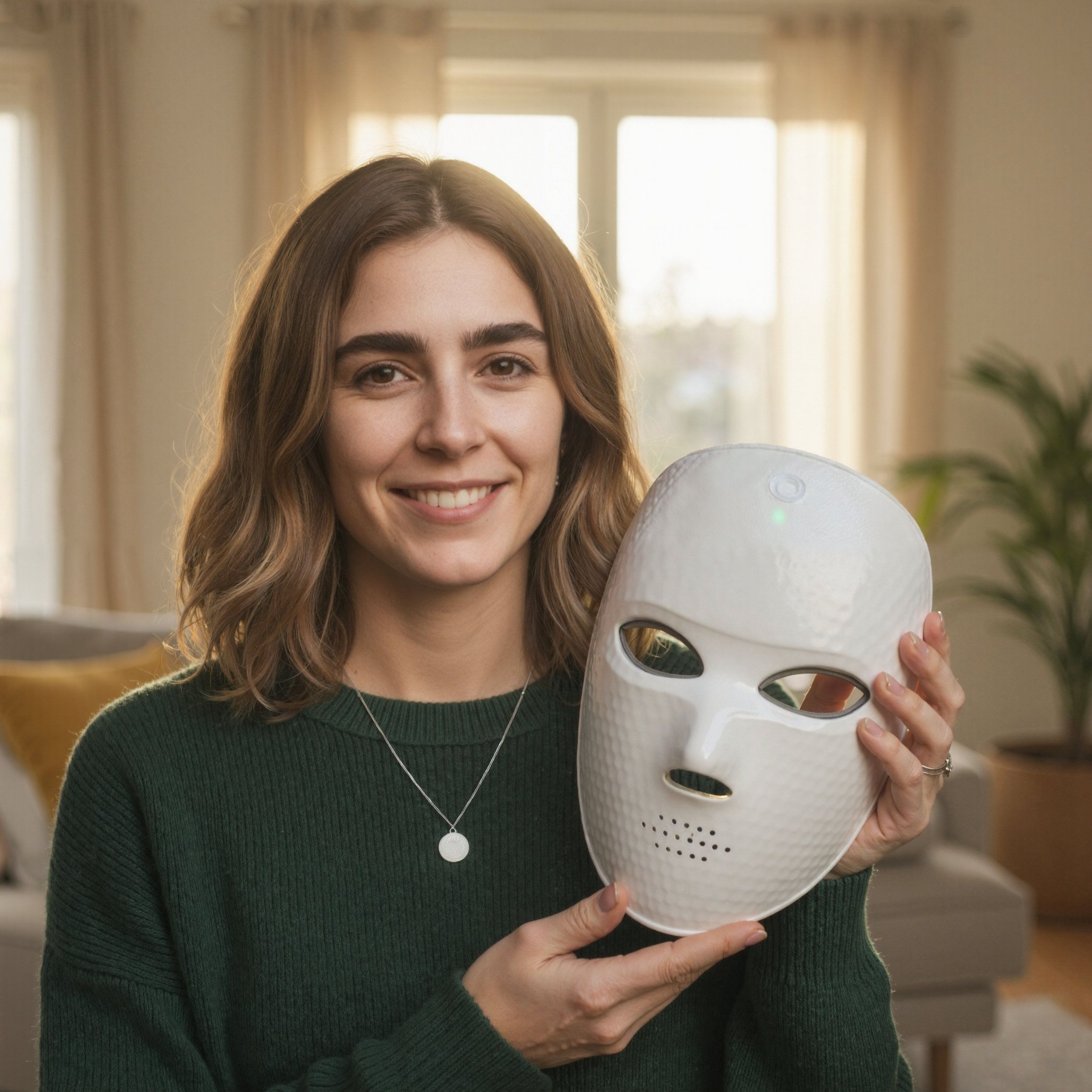 Femme tenant un masque facial LED blanc. Masque avec trous et lumières rouges. La femme sourit.