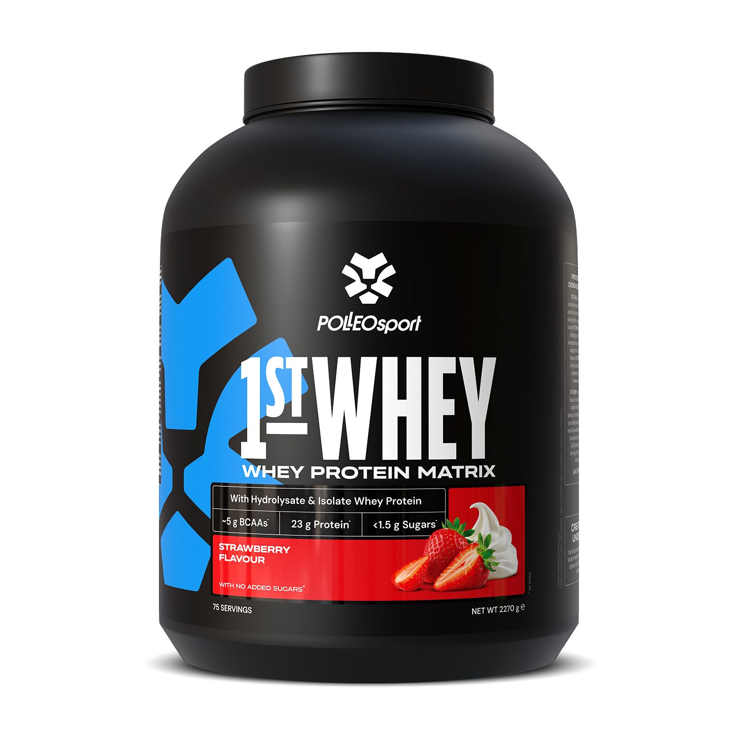 Zwarte container met PolleoSport 1st Whey Protein Matrix, aardbeiensmaak.