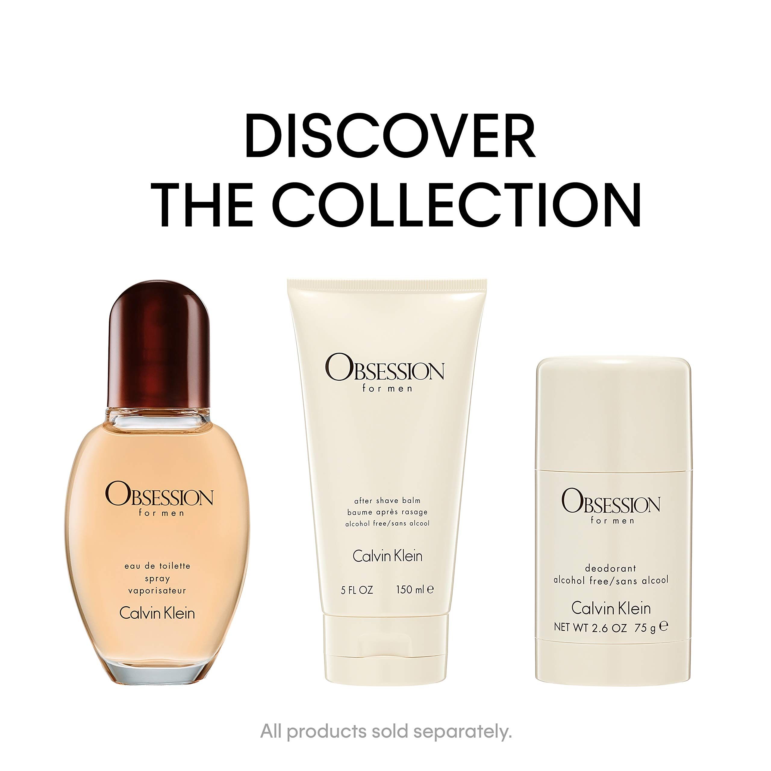 Trois produits Calvin Klein Obsession for men. Eau de toilette, baume après-rasage, déodorant.