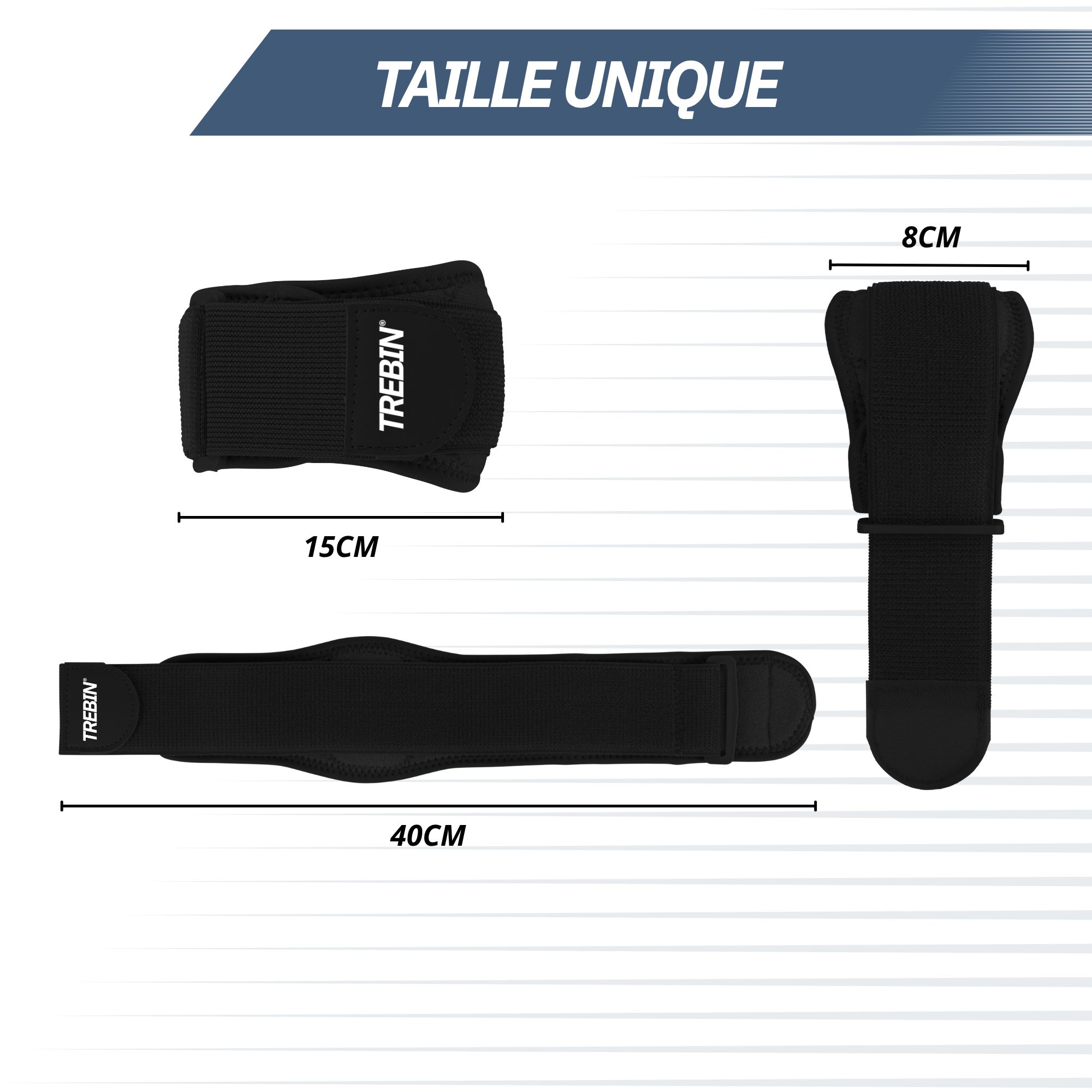 Bandage gris avec fermeture velcro et indications de taille.