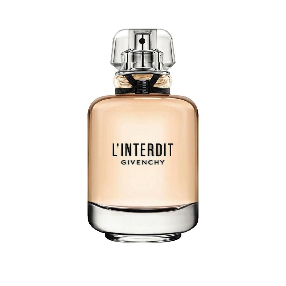 Flacon de parfum L'Interdit de Givenchy. Bouchon transparent, ruban noir, détails dorés. Inscription L'Interdit et Givenchy.