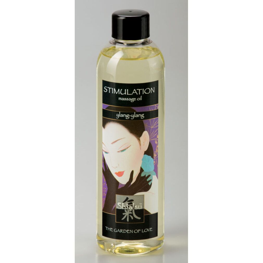 Flacon d'huile de massage avec bouchon noir. Inscription: Stimulation massage oil, illustration de femme, Ylang Ylang, The Garden of Love.