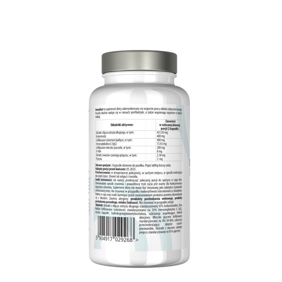 Dos d'un flacon blanc de gélules. Contient des informations sur les ingrédients et les valeurs nutritionnelles. Texte en polonais.