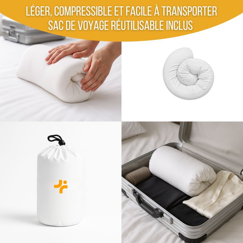 Oreiller roulé, dans un sac de voyage et une valise. Oreiller blanc, sac à cordon noir, valise.