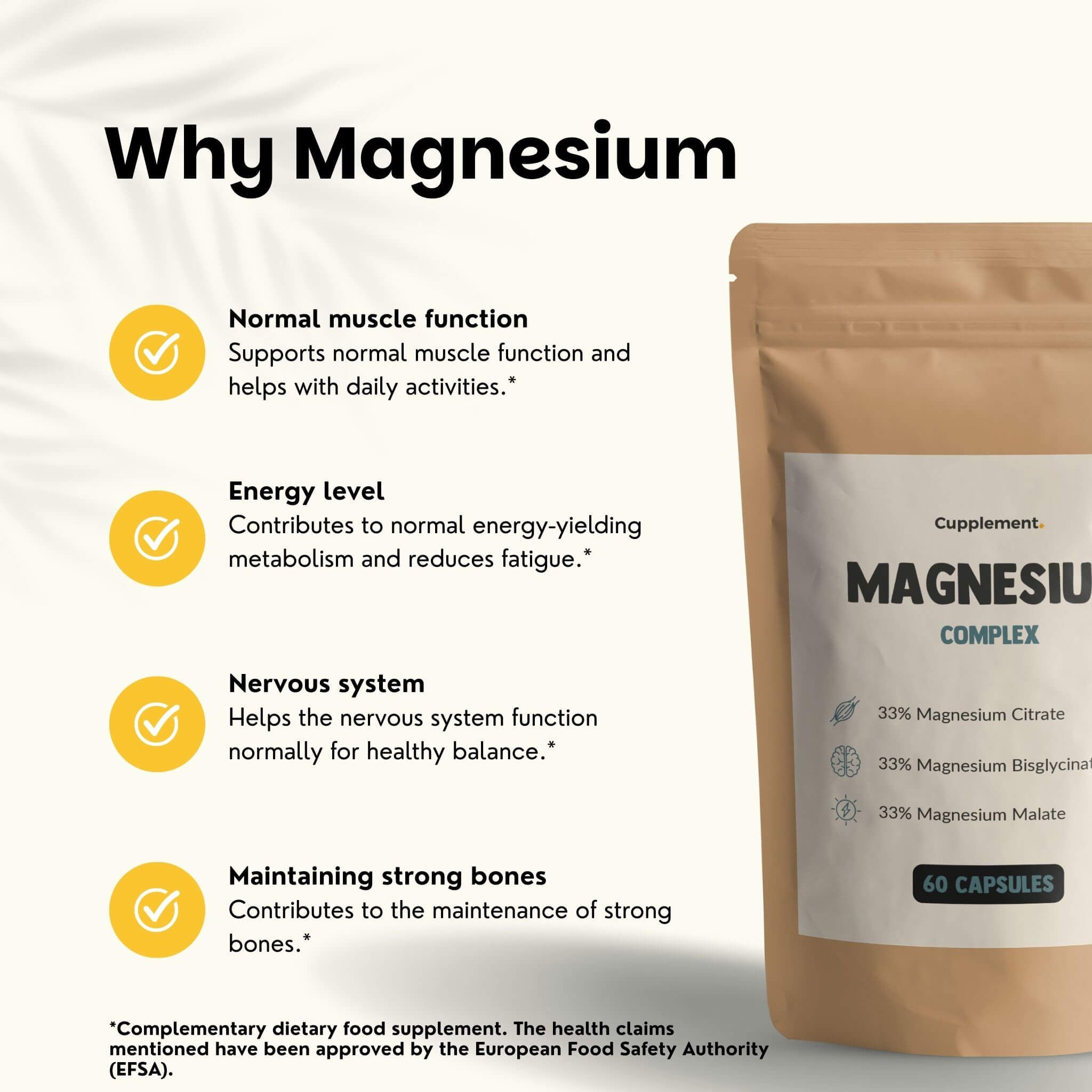 Sachet de gélules. Texte : Magnesium Complex. 60 gélules. Ingrédients : Citrate, Bisglycinate, Malate. Avantages.