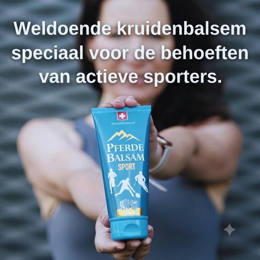 Turquoise tube met 'Pferdebalsam Sport' opschrift, berg- en sportmotieven.