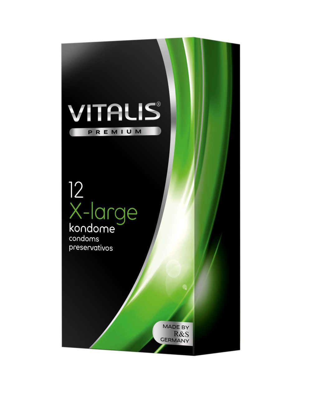 Zwarte doos Vitalis Premium X-Large condooms, 12 stuks. Groene, gebogen achtergrond.