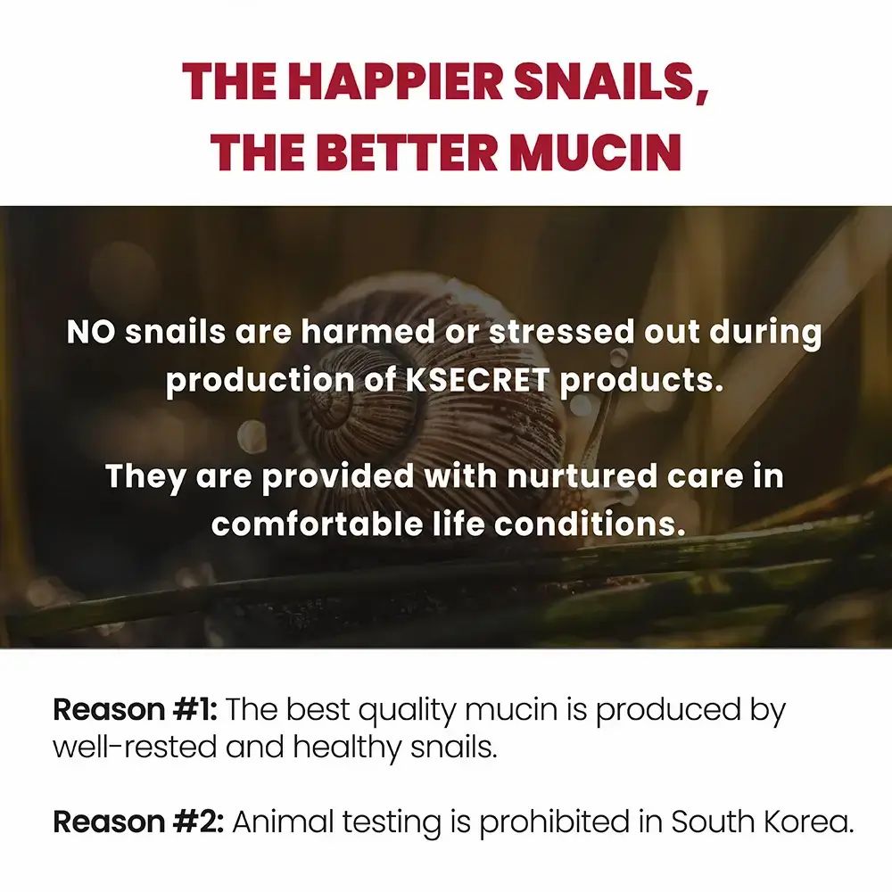 Close-up van een slak op bladeren. Tekst: THE HAPPIER SNAILS, THE BETTER MUCIN. Tekst over slakken.