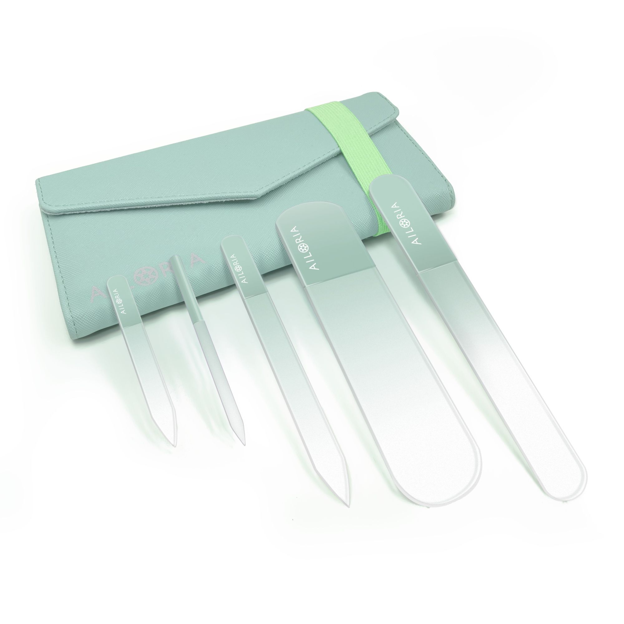 Set de limes à ongles en verre et étui. Étui bleu clair avec élastique. Limes de différentes formes et tailles. Marque AILORIA.