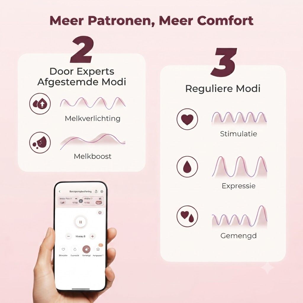 Grafiek met twee modi: 'Melkverlichting' en 'Melkboost'. Naast 'Reguliere Modi' met 'Stimulatie', 'Expressie' en 'Gemengd'. Een hand houdt smartphone met app-bediening vast.