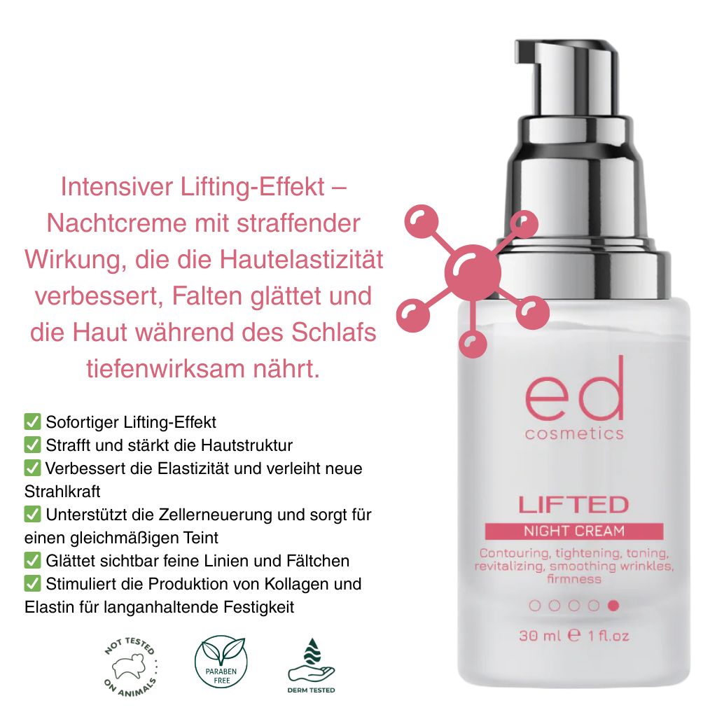 Flacon de crème avec pompe argentée. Texte : ed cosmetics, LIFTED NIGHT CREAM. Logos : vegan, sans cruauté, testé dermatologiquement.