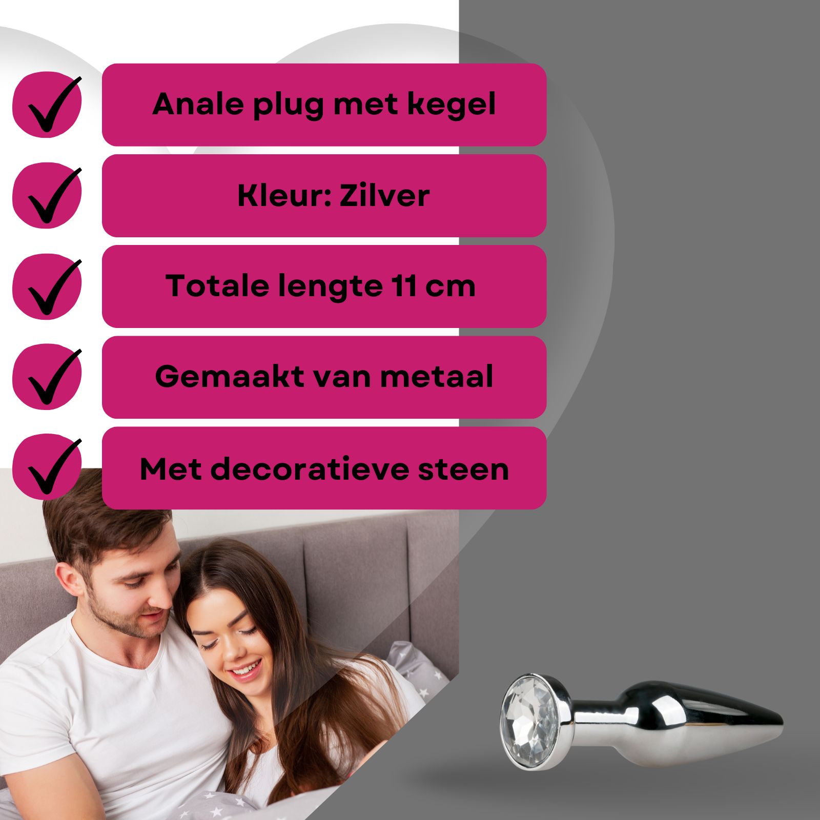 Productafbeelding met tekst. Anale plug met kegel, zilver, 11 cm, van metaal.