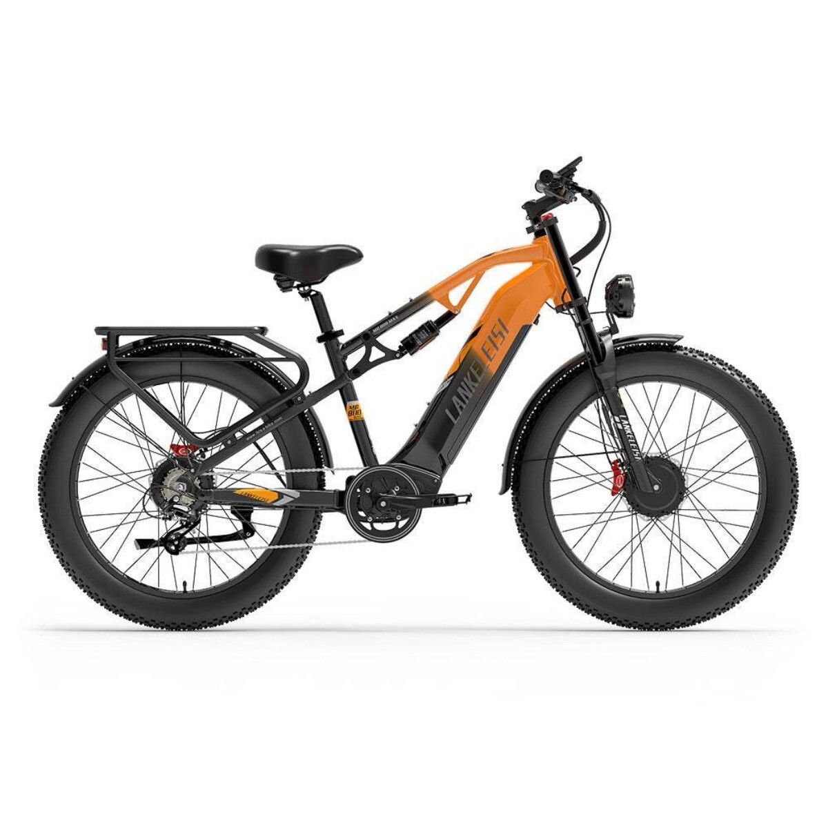 Vélo électrique avec cadre orange et composants noirs. Gros pneus, phare avant. Le nom LANKELEISI est visible.