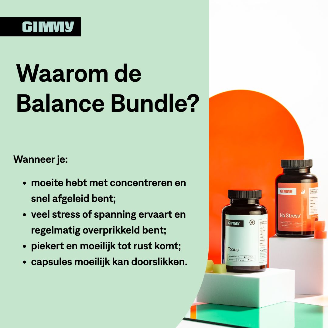 GIMMY Balance Bundle. Twee flessen, één rood, één wit. Tekst: Waarom de Balance Bundle? Tekst in het Nederlands.