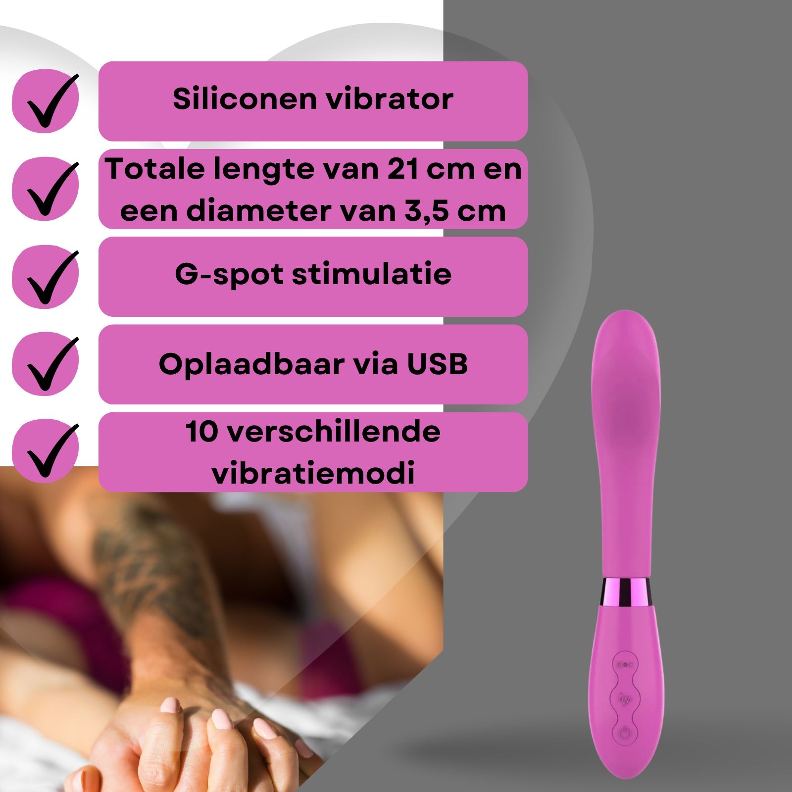 Vibrateur rose. Texte: Vibrateur en silicone, 21cm de long, 3,5cm de diamètre, stimulation du point G, rechargeable USB, 10 modes de vibration.