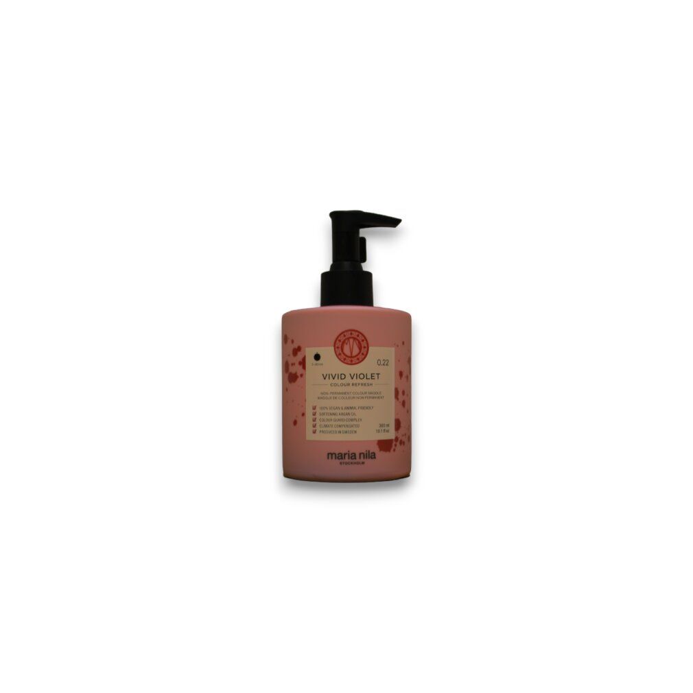 Roze fles met zwarte pomp. Label: Vivid Violet, 0.22. Merk: Maria Nila.