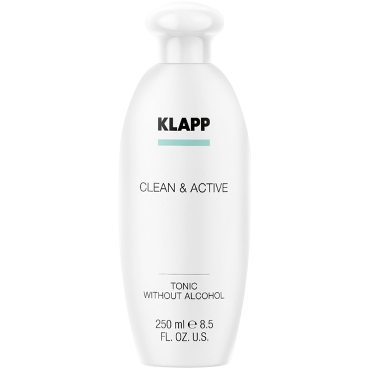 Witte fles met schroefdop. Boven: Klapp logo. Daaronder: Clean & Active. Onder: Tonic Without Alcohol, 250 ml.