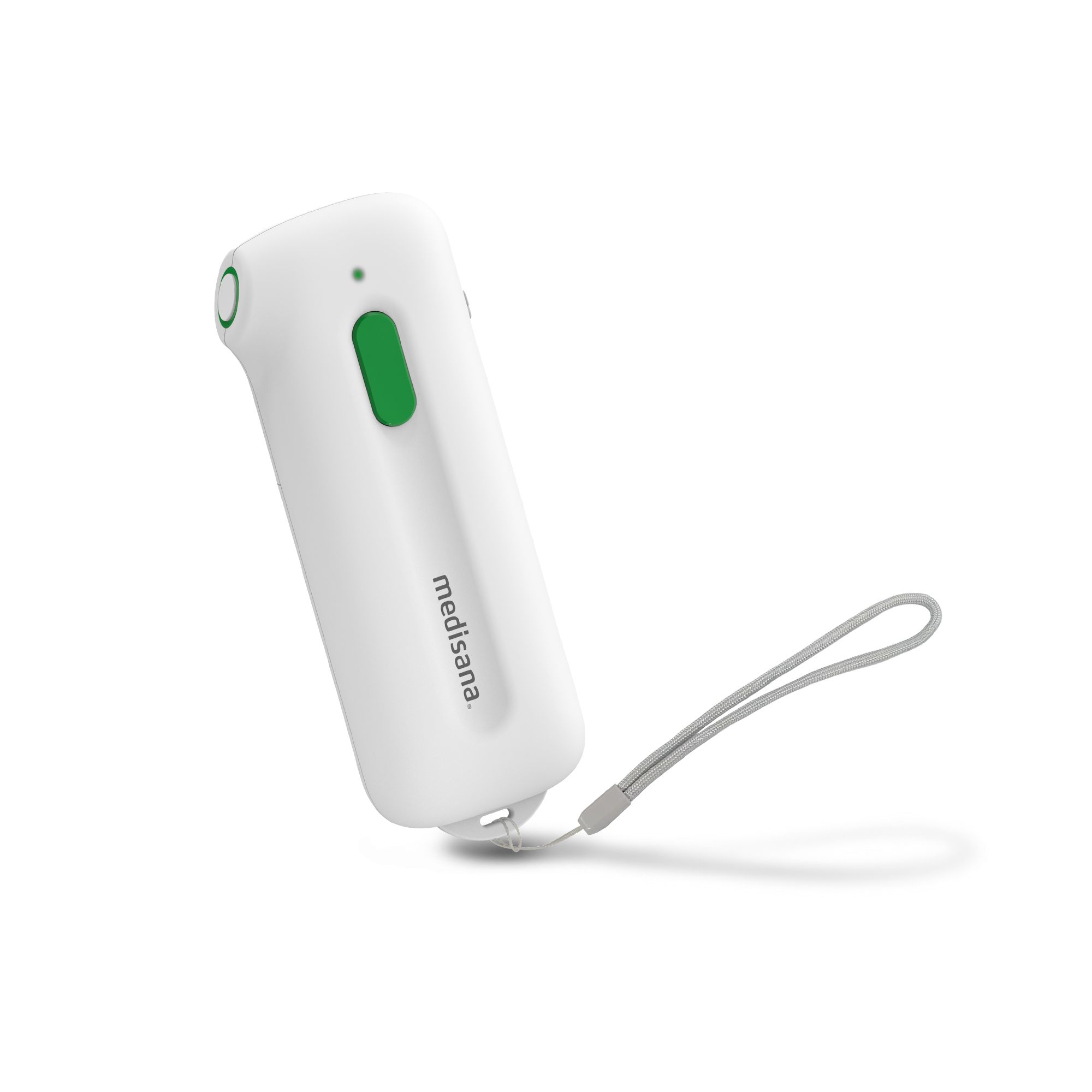 Appareil blanc, bouton vert, lanière. Marque : medisana. Pour piqûres.