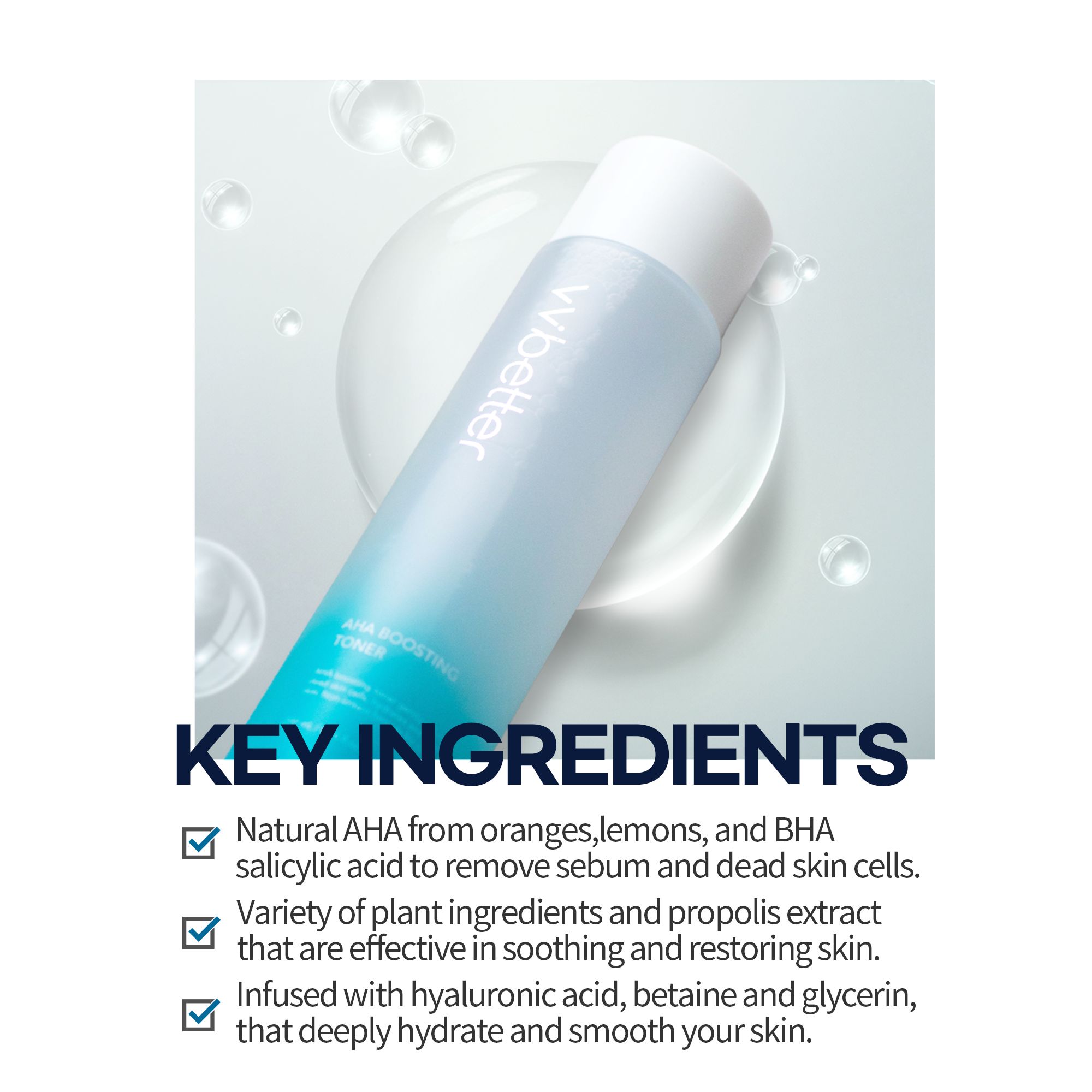 Schuin liggende fles met witte dop. Tekst: "KEY INGREDIENTS" en ingrediënten. Merk en productnaam zichtbaar.