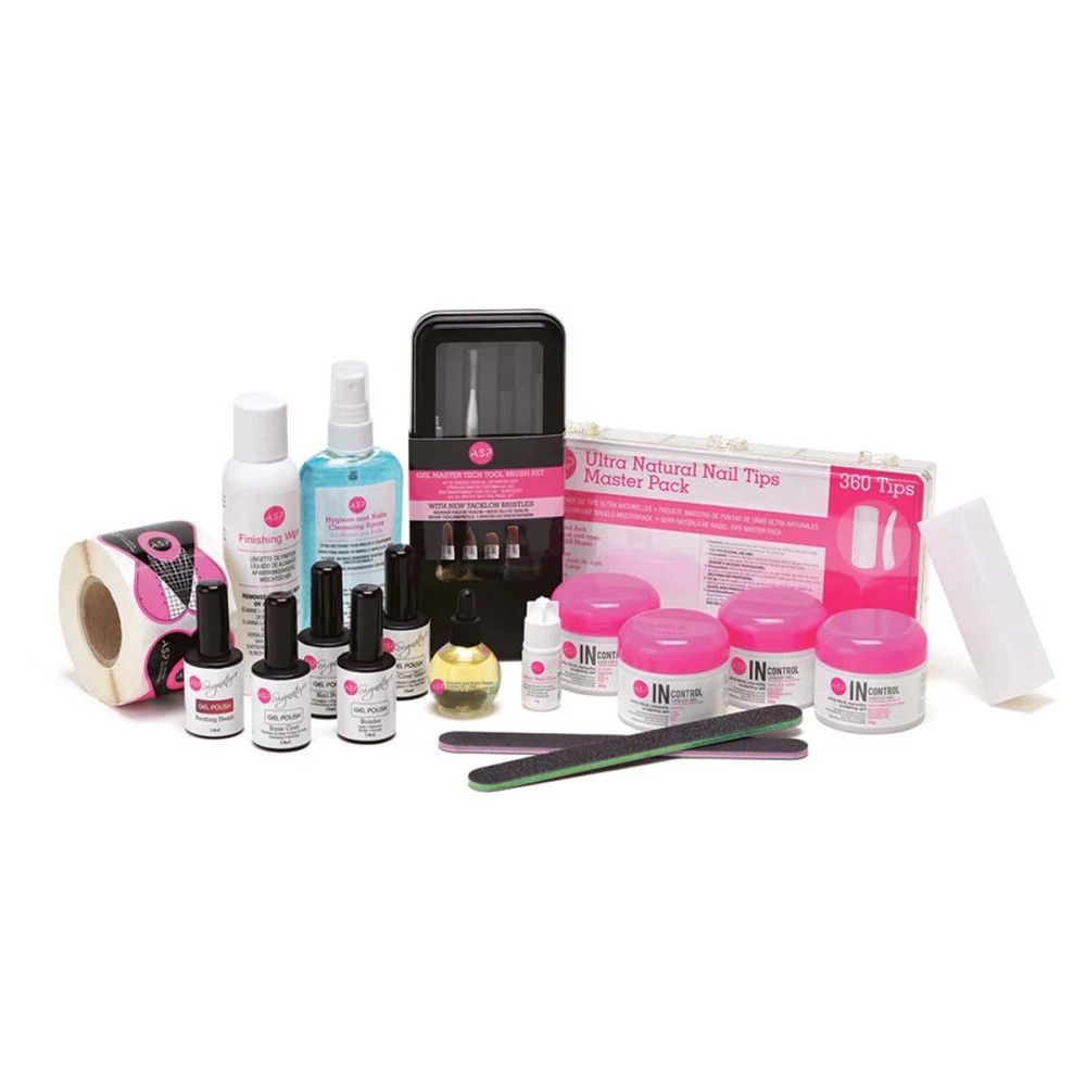 Nagel trainingskit met flessen, potten, vijlen, rollen en nageltipbox.