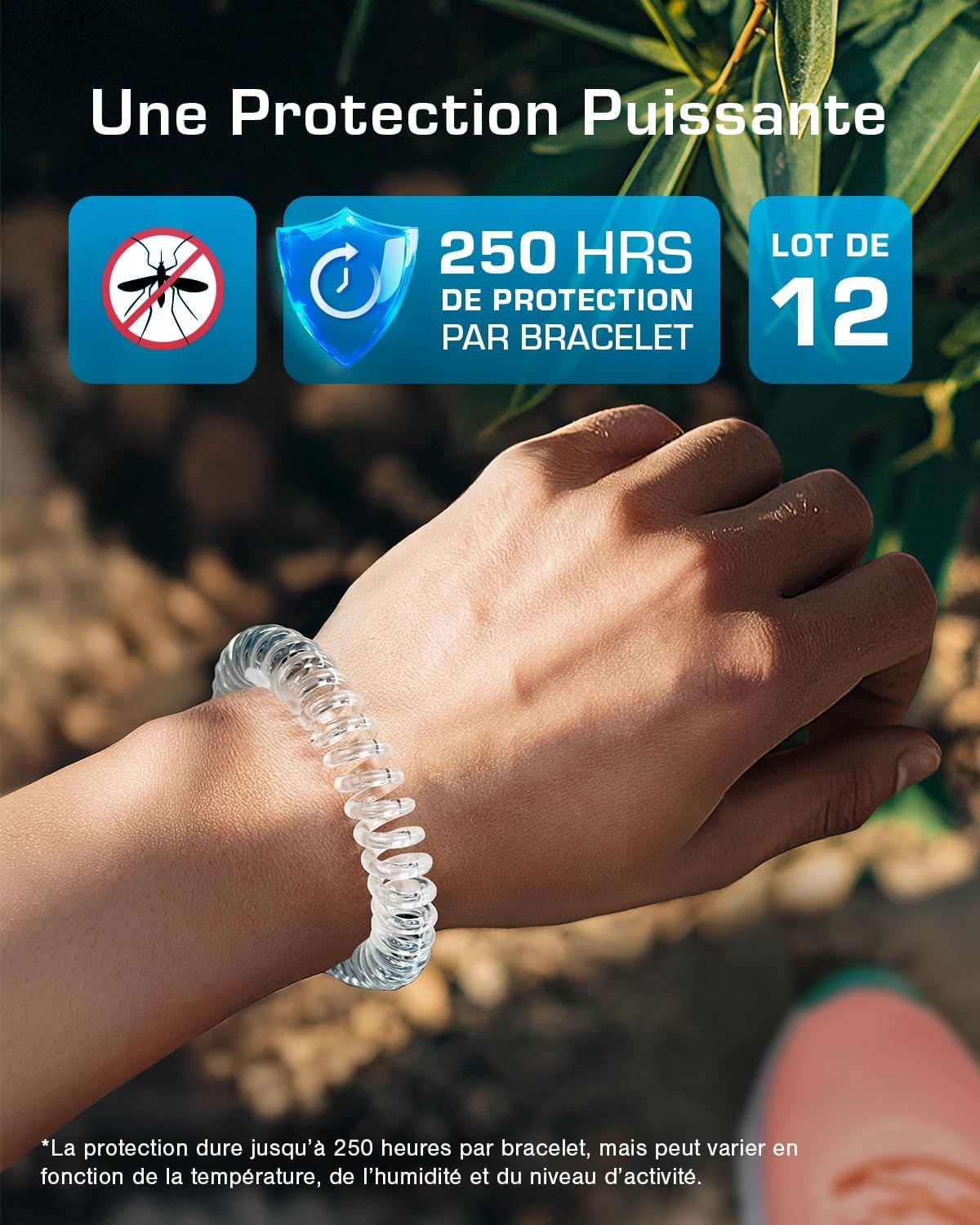 Bracelet spirale transparent avec symbole anti-moustique et indication '250 heures de protection par bracelet'.