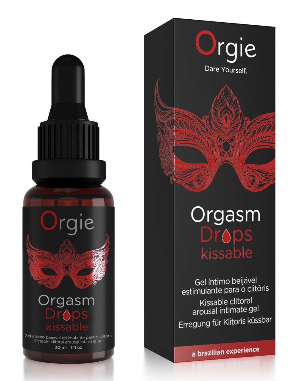 Flacon et boîte Orgie Orgasm Drops Kissable. Verre foncé, design de masque rouge.