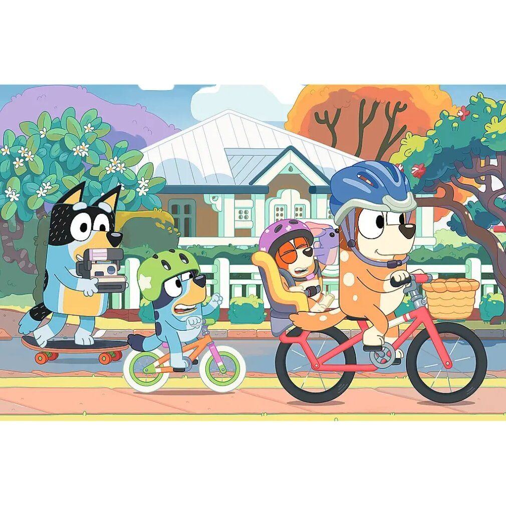 Illustration de personnages Bluey faisant du vélo et du skate. Scène devant une maison avec des arbres. Les personnages portent des casques.