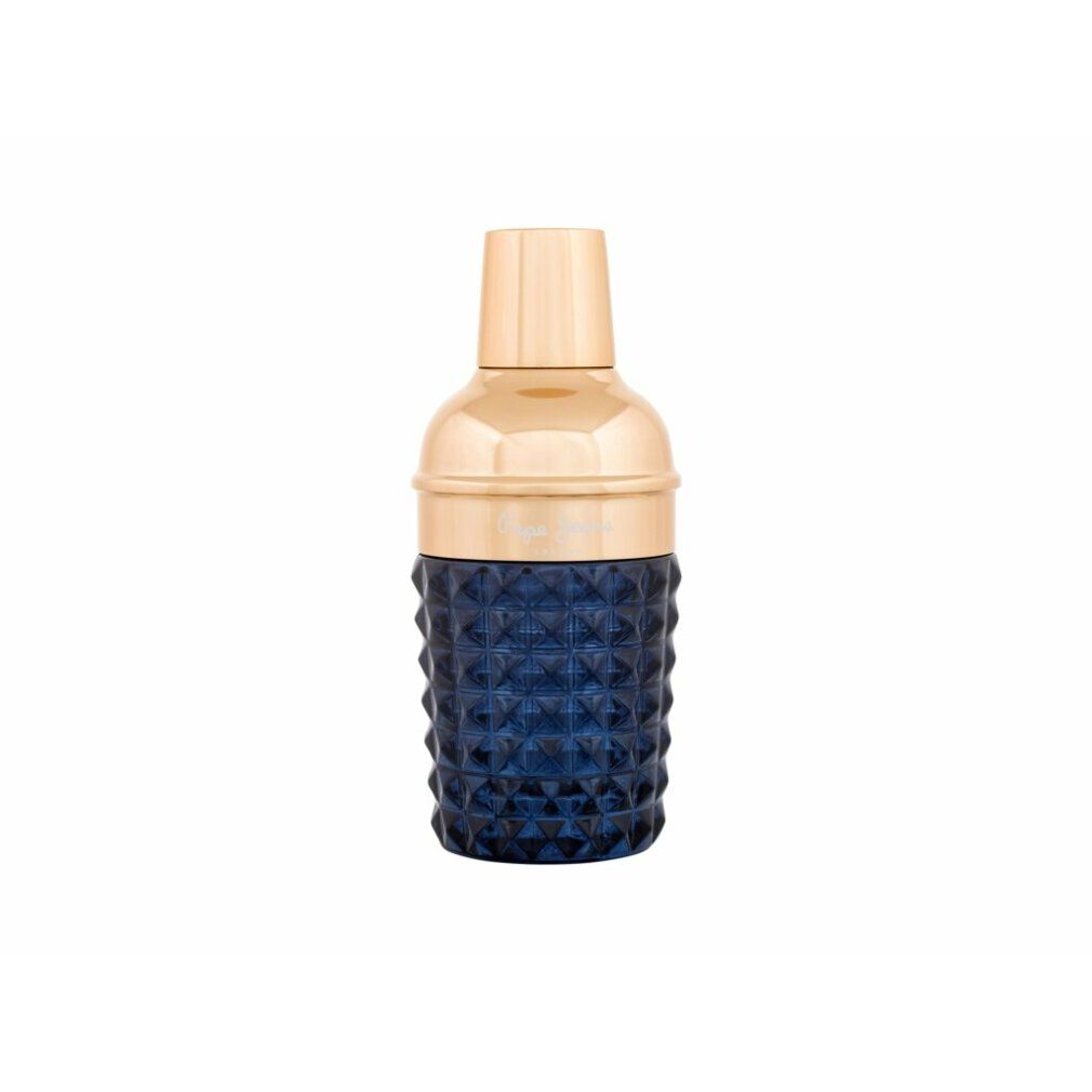 Pepe Jeans Celebrate For Him Eau de Parfum flesje. Donkerblauw, facetgeslepen flesje met gouden dop.