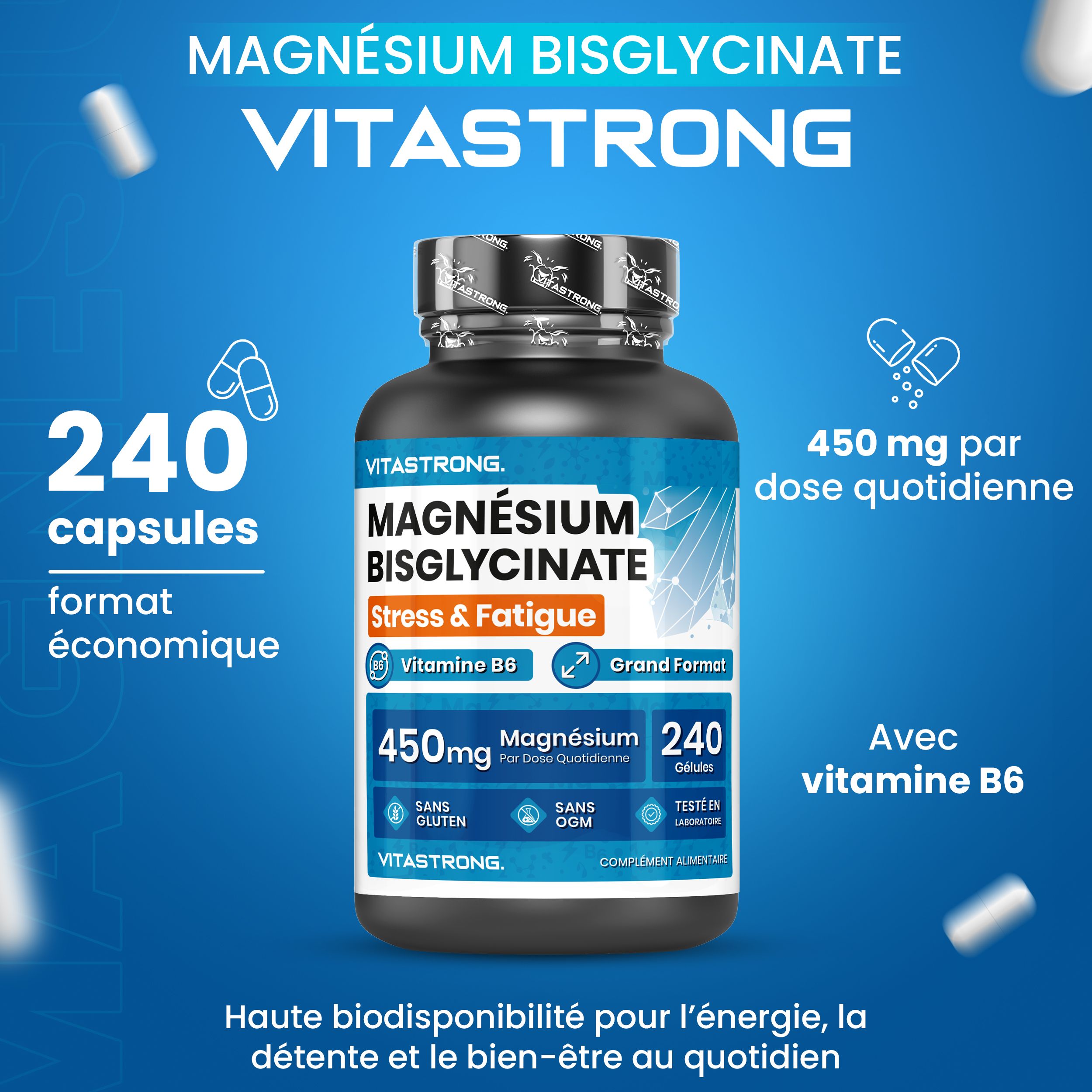 Vitastrong Magnesiumbisglycinaat fles. 240 capsules, 450mg per dosis. Met vitamine B6. Groot formaat.