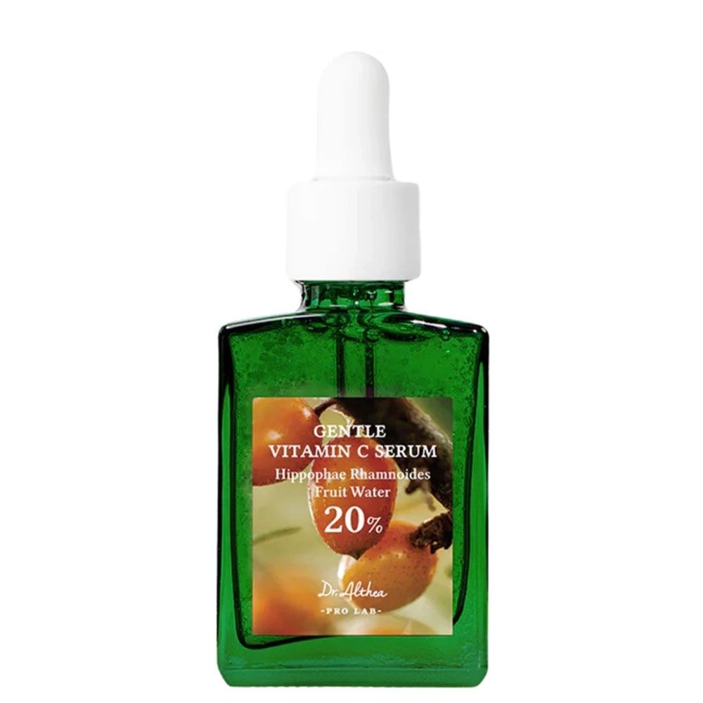 Flacon en verre vert avec pipette, Dr. Althea Gentle Vitamin C Serum avec 20% d'eau de fruit d'Hippophae Rhamnoides.