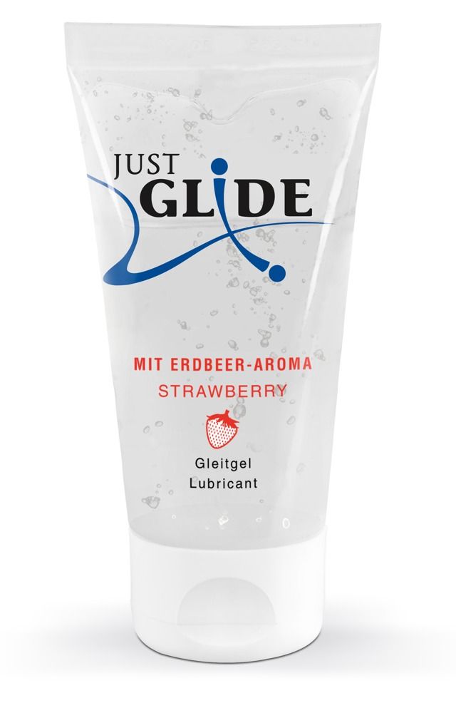 Tube de lubrifiant. Nom du produit et indication arôme fraise. Liquide transparent. Bouchon blanc.