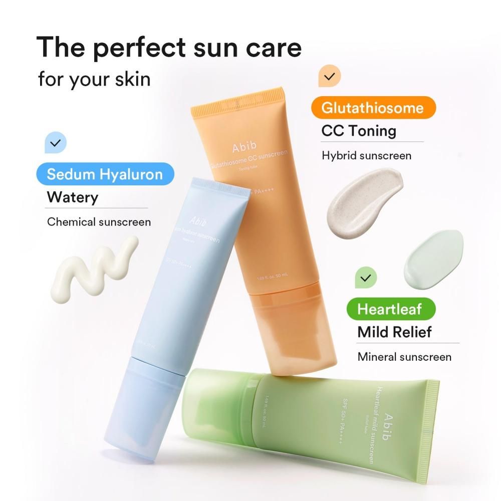 Drie Abib zonnebrandcrème tubes: Heartleaf Mild, Sedum Hyaluron Watery en CC Toning.