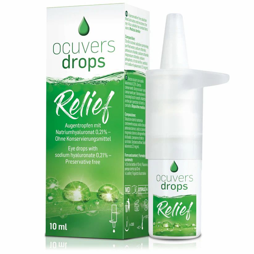 Ocuvers Drops Relief : flacon compte-gouttes et boîte pliante avec accents verts et motif de goutte d'eau.