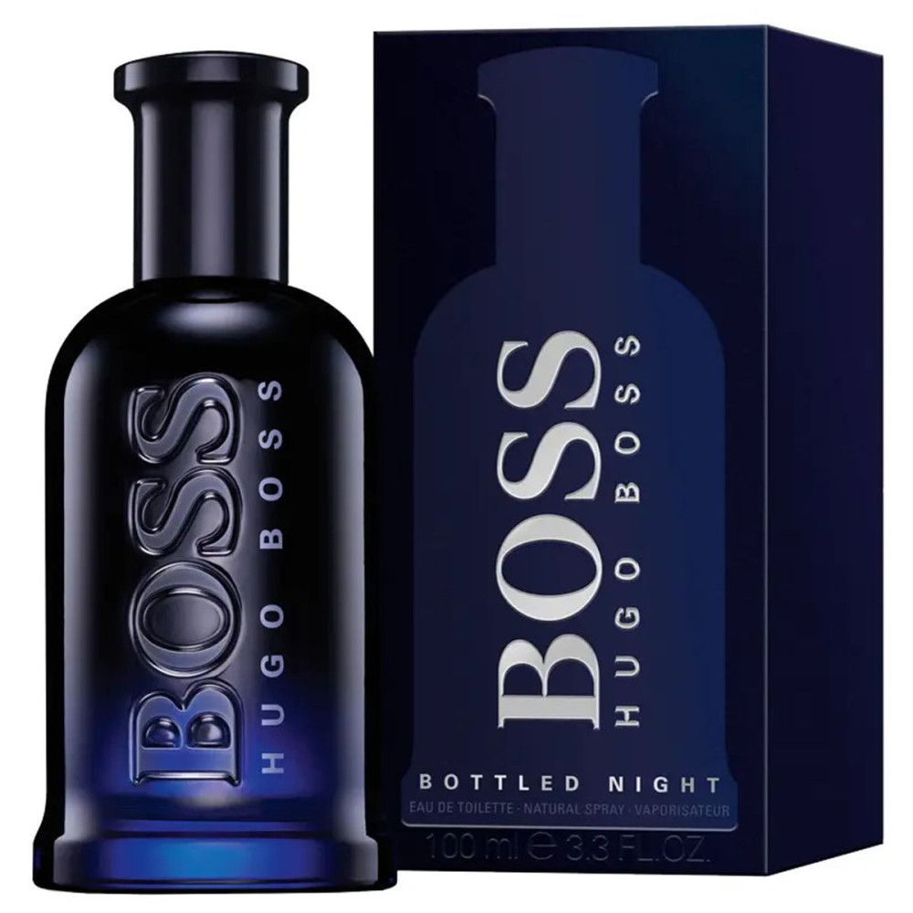 Flacon et boîte bleu foncé. Logo BOSS HUGO BOSS. Texte "BOTTLED NIGHT". Eau de Toilette Spray.