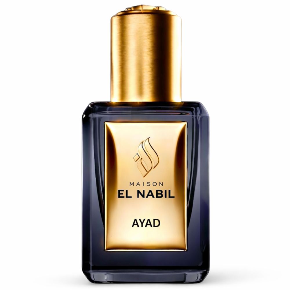 Flacon de parfum bleu foncé avec bouchon et étiquette dorés. Inscription : EL NABIL AYAD.