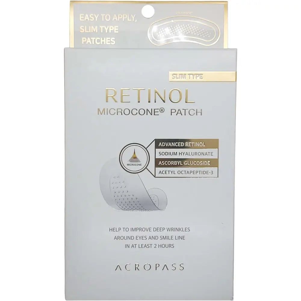 Verpakking van retinol microkegel pleisters. Tekst: RETINOL MICROCONE PATCH, ADVANCED RETINOL, SLIM TYPE, ACROPASS.