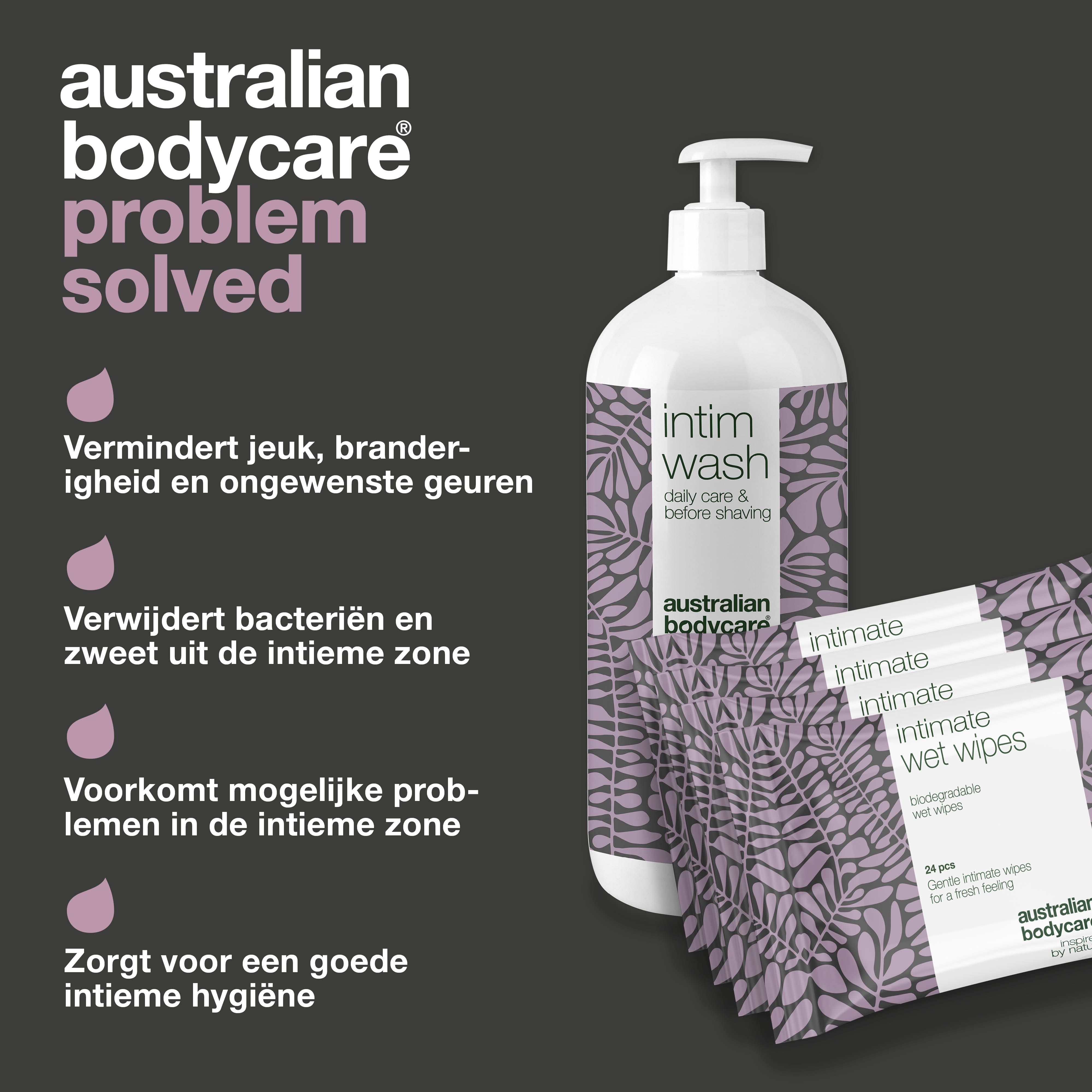 Probleem opgelost. Intieme wasgel en doekjes. Paarse achtergrond. Australian Bodycare.