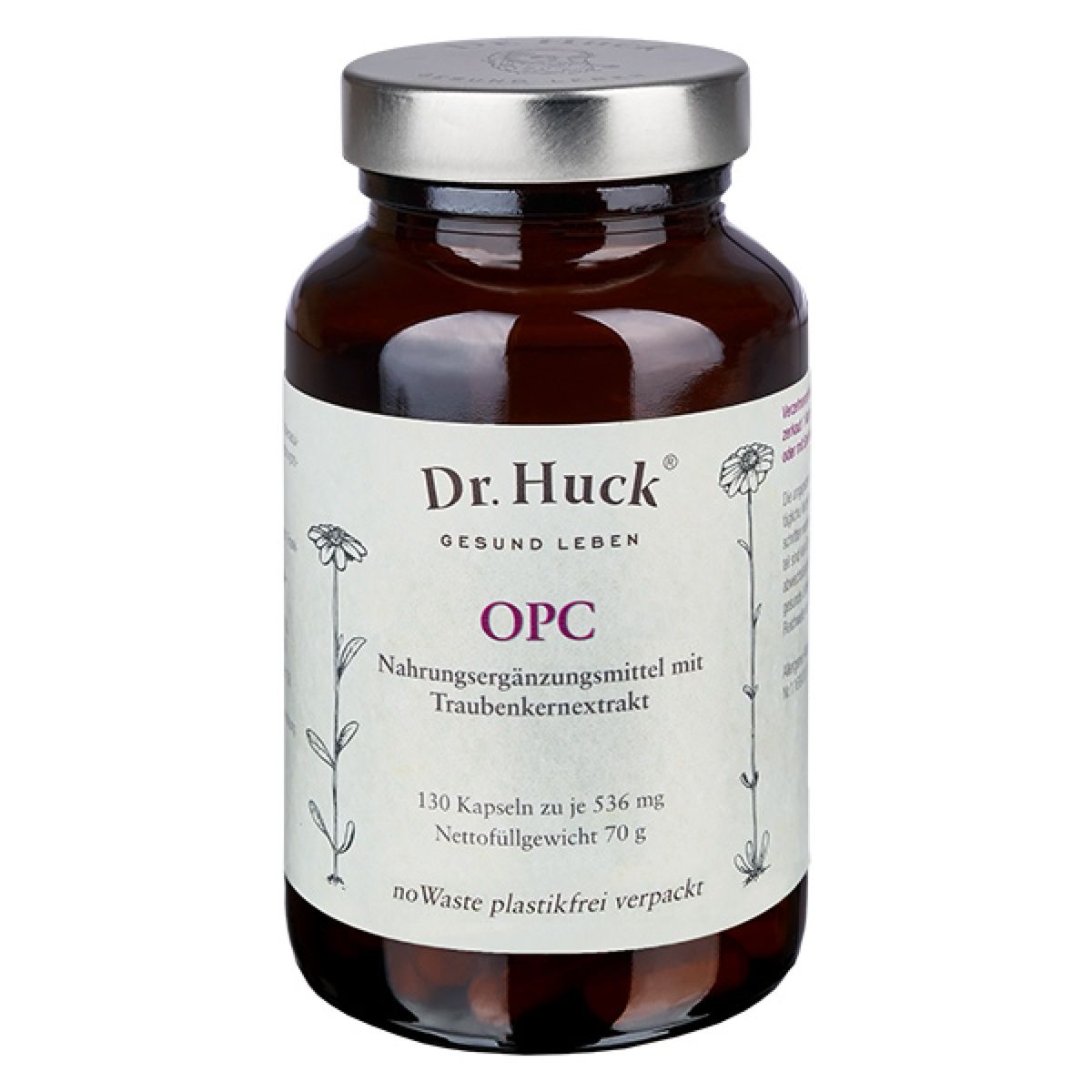 Flacon en verre brun avec bouchon à vis. Inscription: Dr. Huck OPC. 130 gélules. Poids net 70 g.