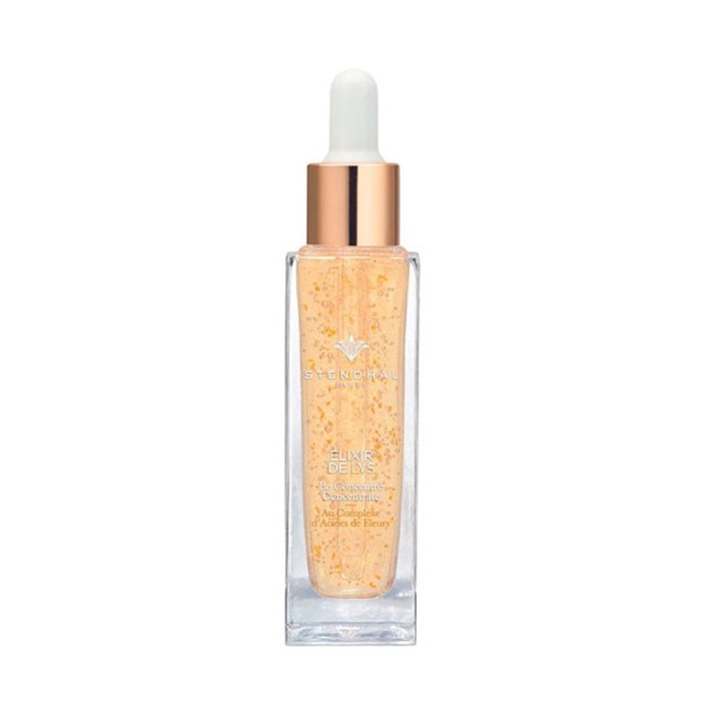 Stendhal Élixir de Lys serum in een rechthoekige glazen fles met druppelaar. Gouden deeltjes in het serum.