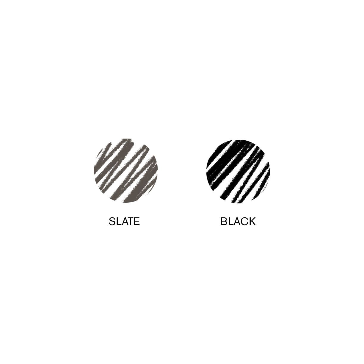 Twee ronde kleurstalen: grijs (Slate) en zwart (Black). Beide gevuld met diagonale strepen.