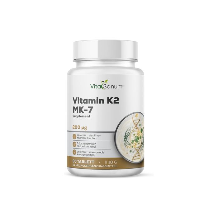 VitaSanum Vitamine K2 MK-7 supplement fles met 90 tabletten, 200 µg. Met afbeelding van een DNA-helix en tekst over botfunctie.