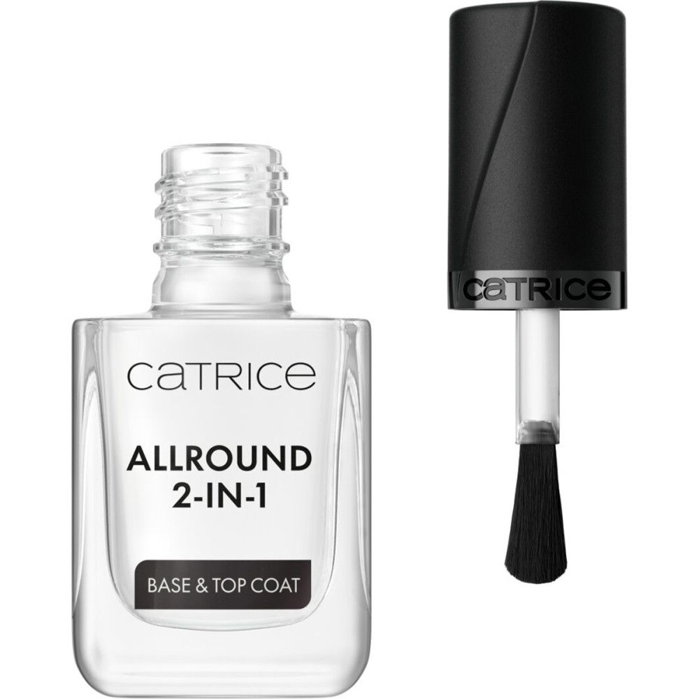 Catrice Allround 2-en-1 Base & Top Coat. Flacon ouvert, pinceau visible. Nom et marque visibles.